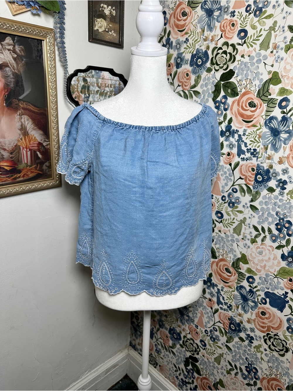 Forever 21 Light Blue Off-Shoulder Embroidered Blouse